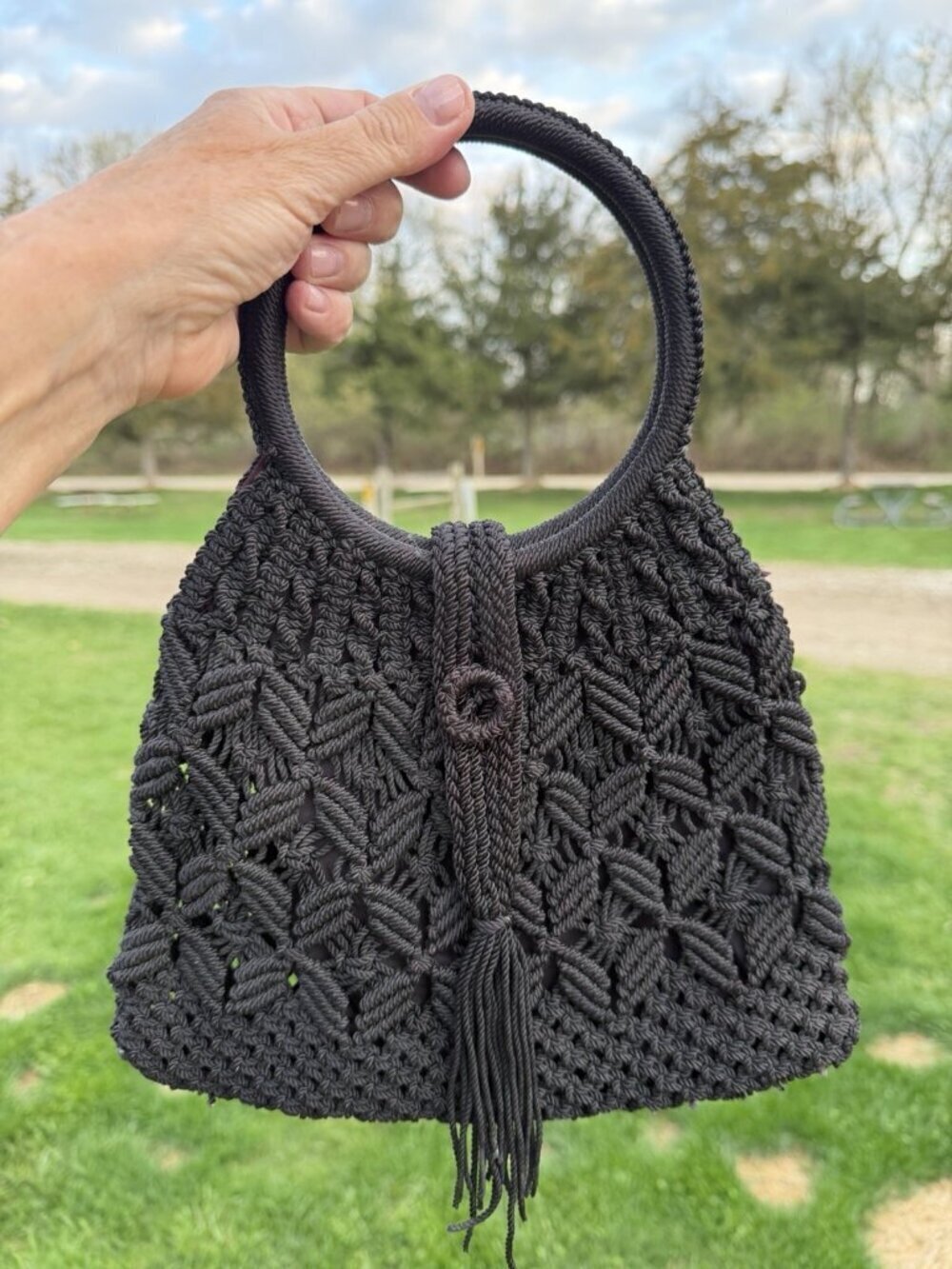 Vintage 70s black crochet top handle fringe bag festival indie retro